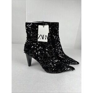 Zara Black Sequin Pointed-Toe Ankle Boots